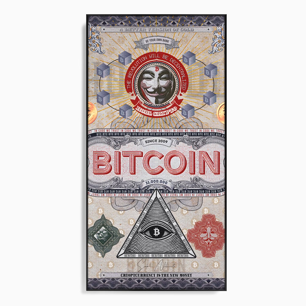 Tablou canvas cu ilustratie digitala cu tema bitcoin si criptomonede, in rama de aluminiu negru